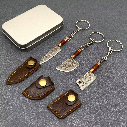Damascus Blade Wooden Handle Portable Knife Keychain