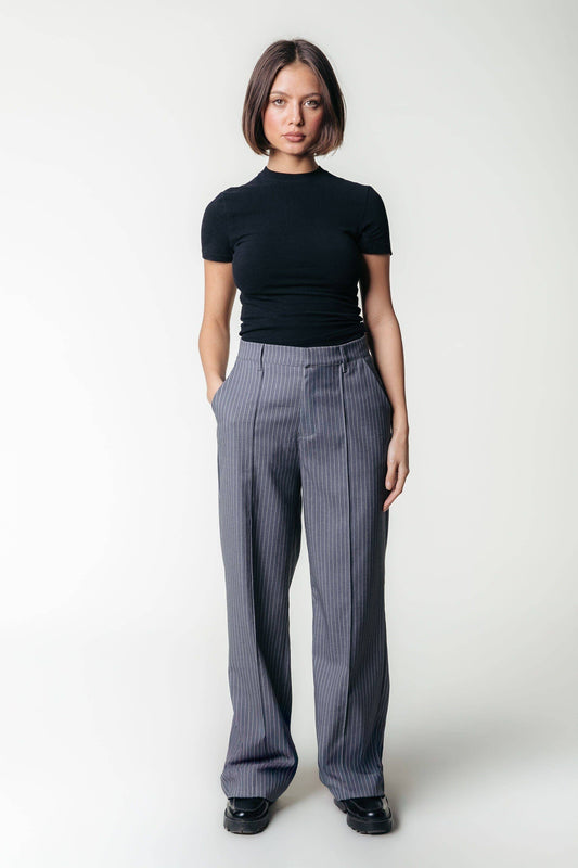 Colourful Rebel Rus Stripe Straight Pants Elastic Waistband | Dark grey