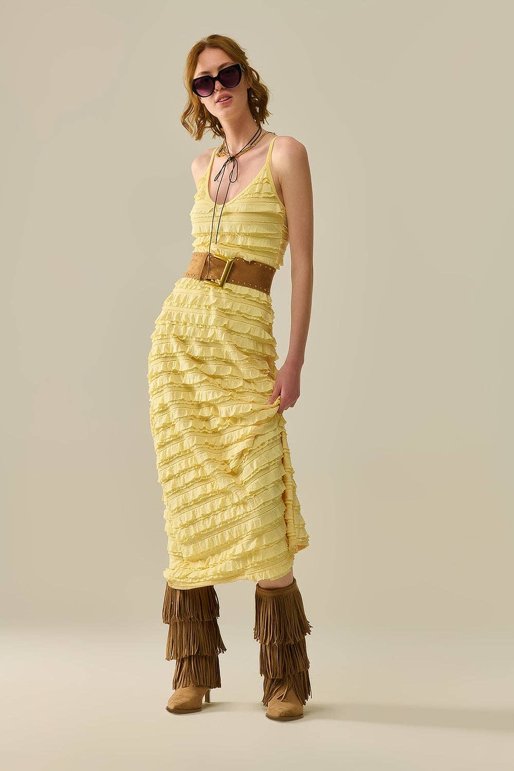 q2 Ruffled maxi dress in yellow with straps