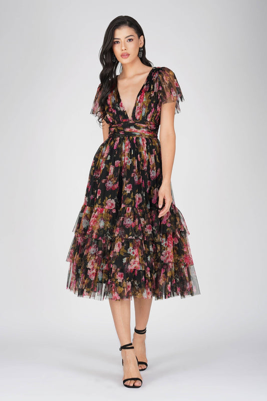 Lace & Beads Madison Black Floral Tulle Midi Dress