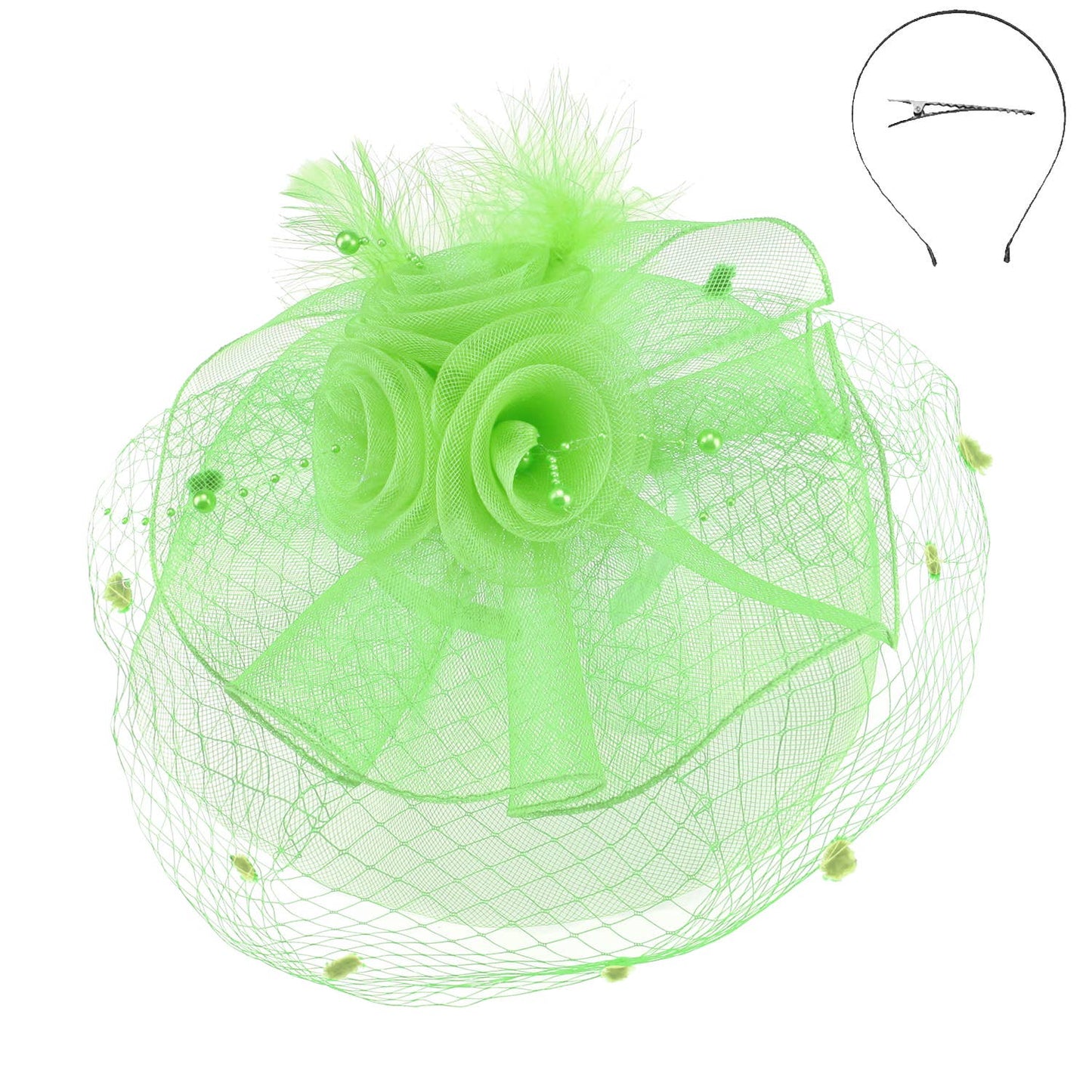 Sophia Double Rose Mesh w/ Dotted Veil & Feathers Fascinator