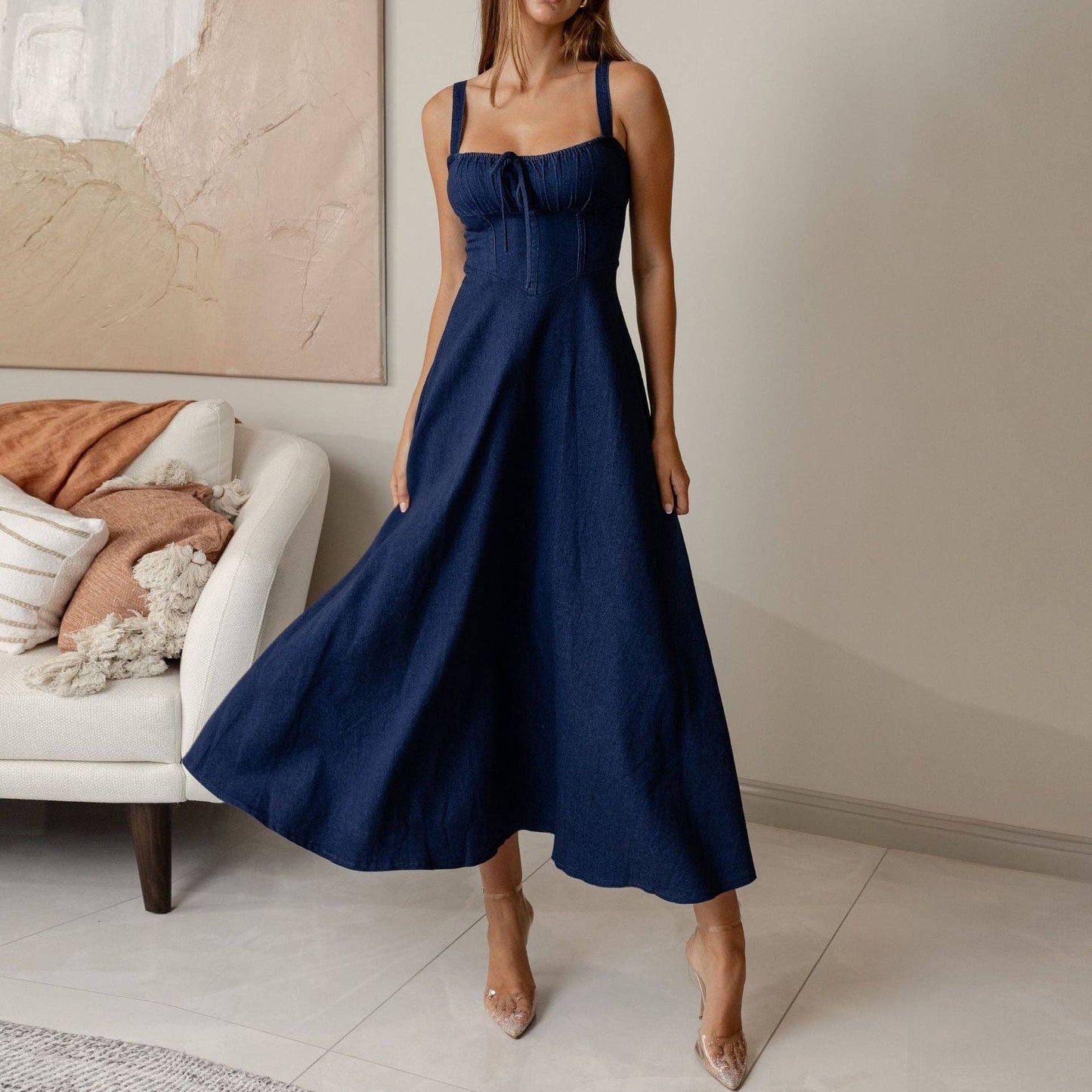 New Sleeveless Denim A-Line Dress with Open Back