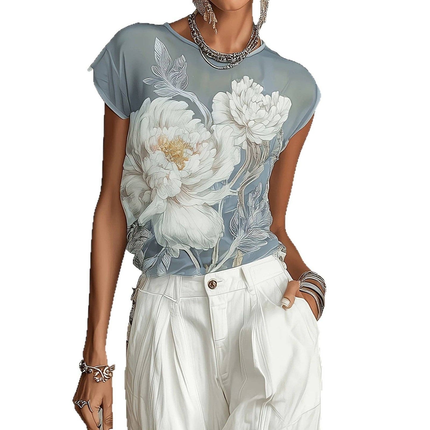 Women Dusty Blue Floral Mesh Short Sleeve Blouse