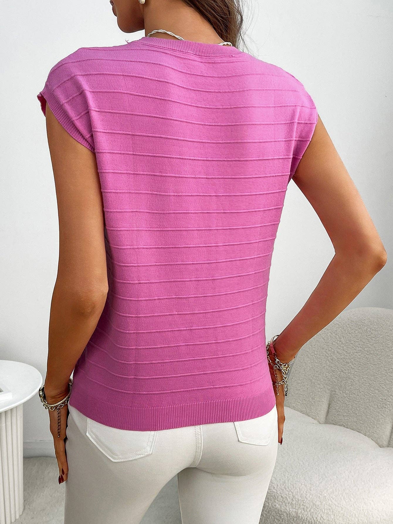 Lovesoft Striped Knit Short Sleeve Top with Pocket Casual Pullover
