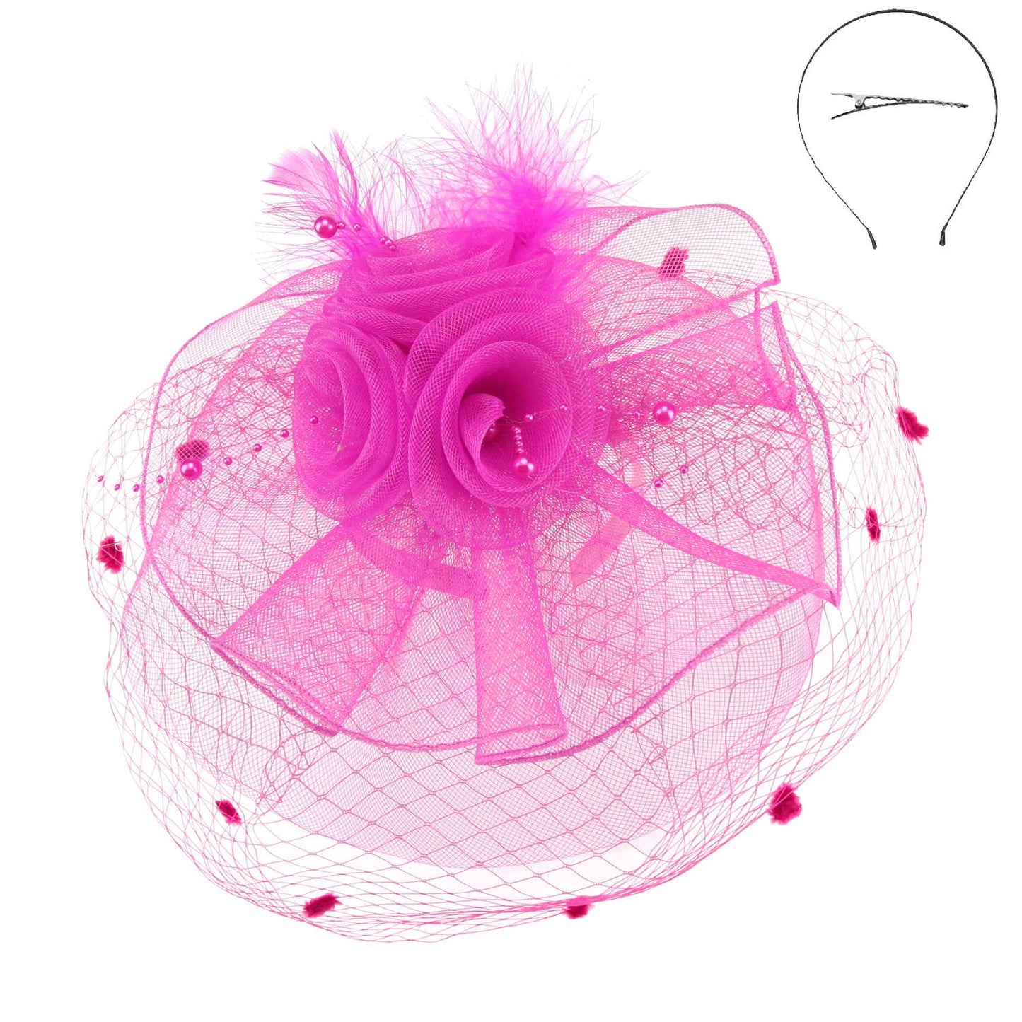 Sophia Double Rose Mesh w/ Dotted Veil & Feathers Fascinator