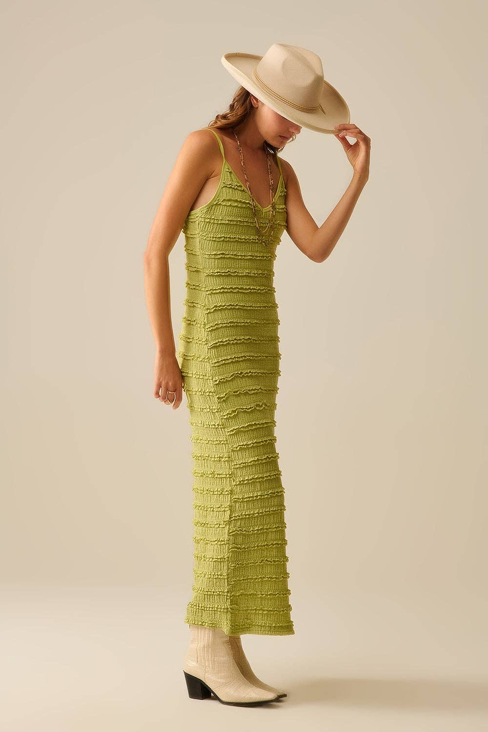 Q2 Ruffle Maxi Dress With Slit in Green color