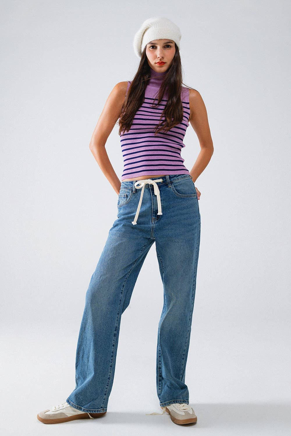 Q2 Striped Turtle Neck Tank Top In Lavander