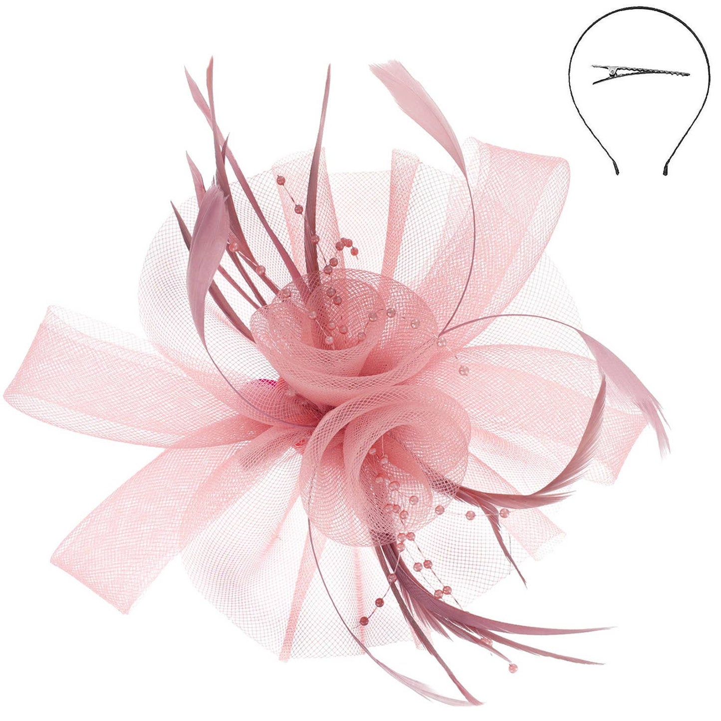 Sophia Feather & Double Floral Mesh Fascinator Headband/Clip
