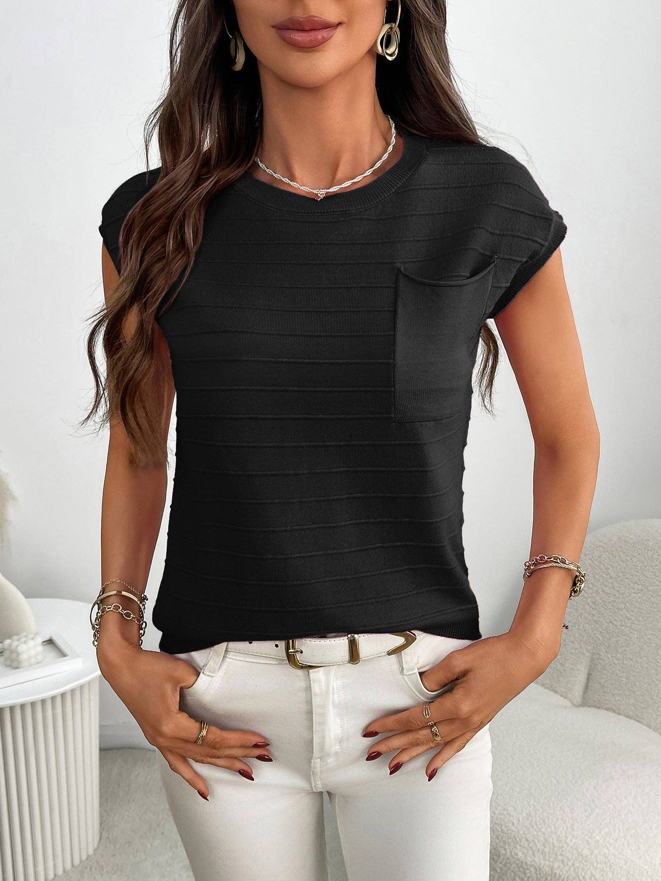 Lovesoft Striped Knit Short Sleeve Top with Pocket Casual Pullover