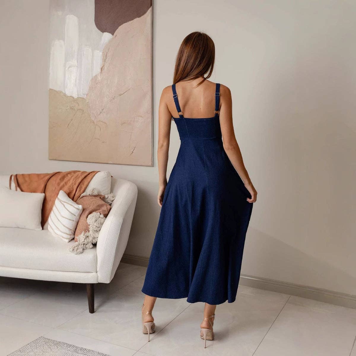 New Sleeveless Denim A-Line Dress with Open Back