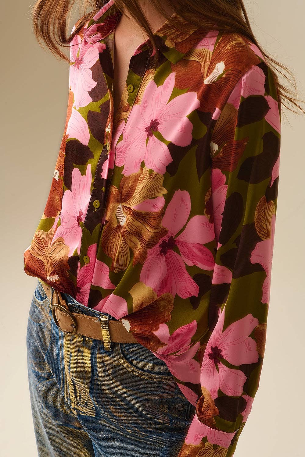 Q2 Satin Finish Tropical Floral Shirt in Olive Green