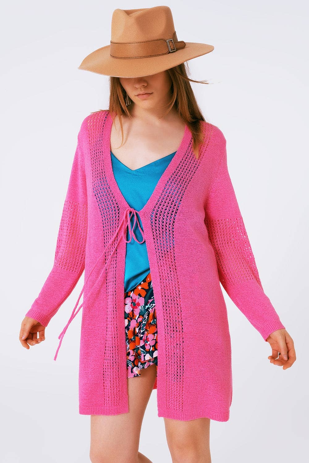 Q2 Midi Crochet Drawstring Cardigan in Pink