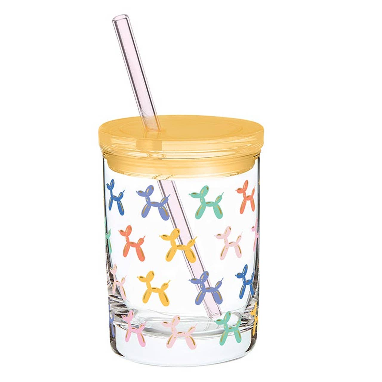 Slant Glass DOF with Lid and Straw - Balloon Dog Pattern