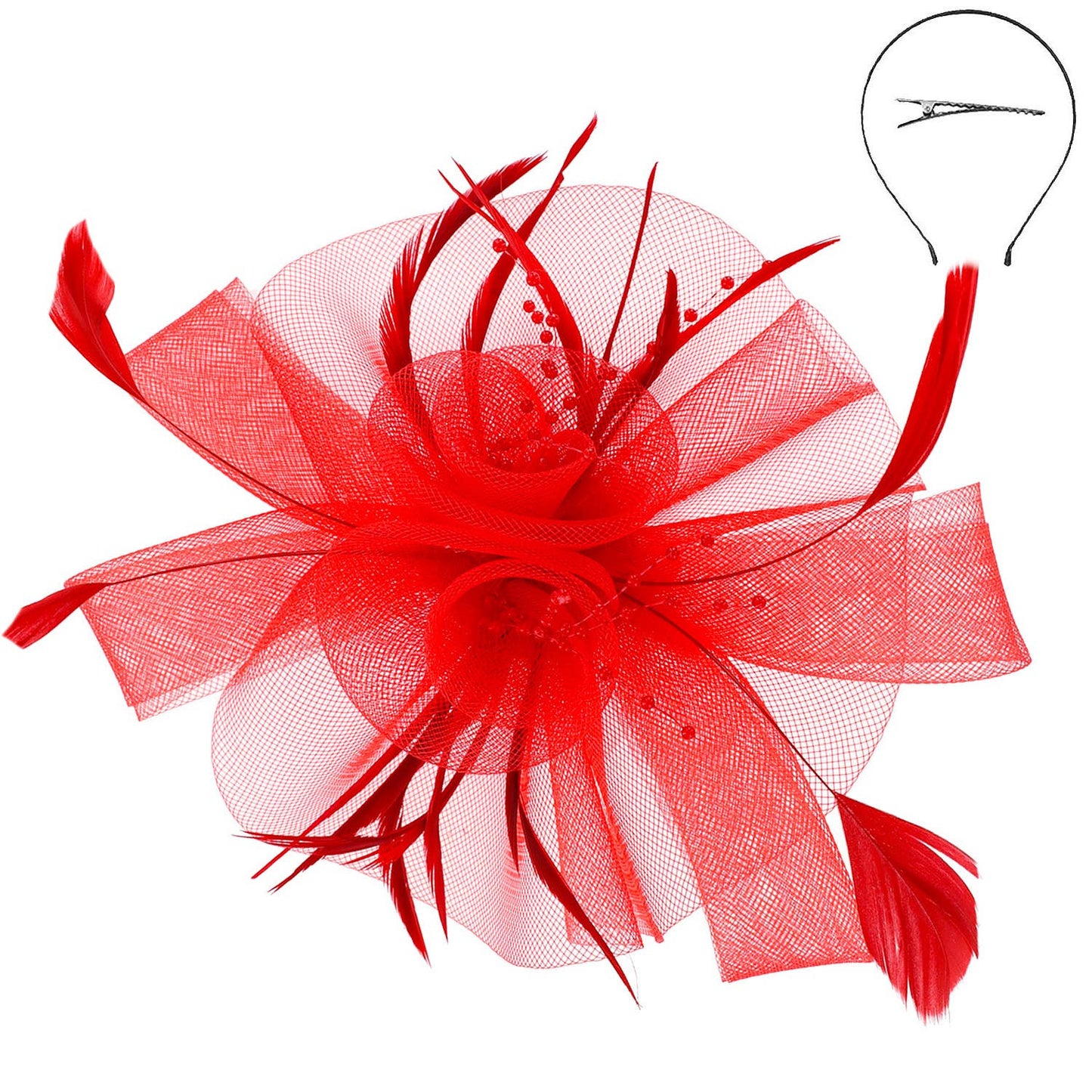 Sophia Feather & Double Floral Mesh Fascinator Headband/Clip