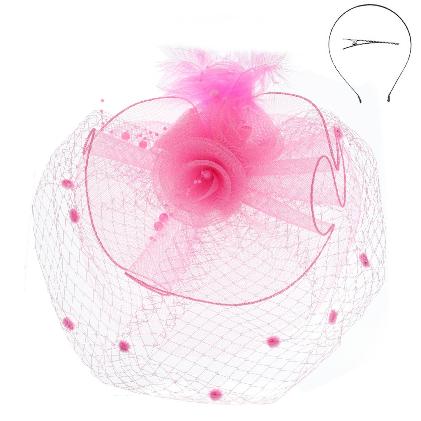 Sophia Double Rose Mesh w/ Dotted Veil & Feathers Fascinator