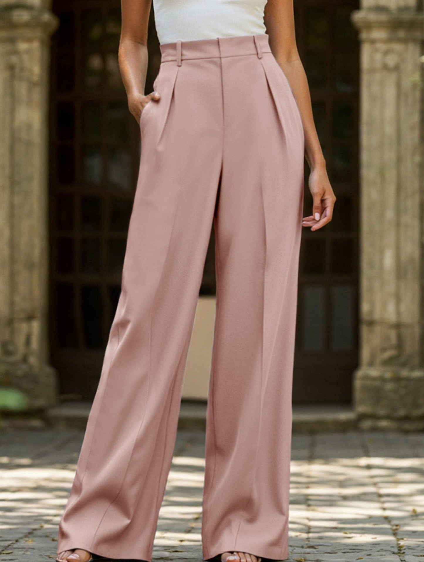 Lovene Casual loose high waist drape wide leg pants