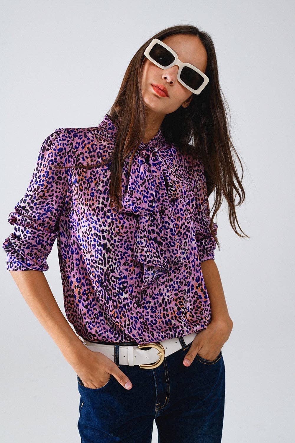 Q2 Animal Print Purple Blouse W/Removable Bow