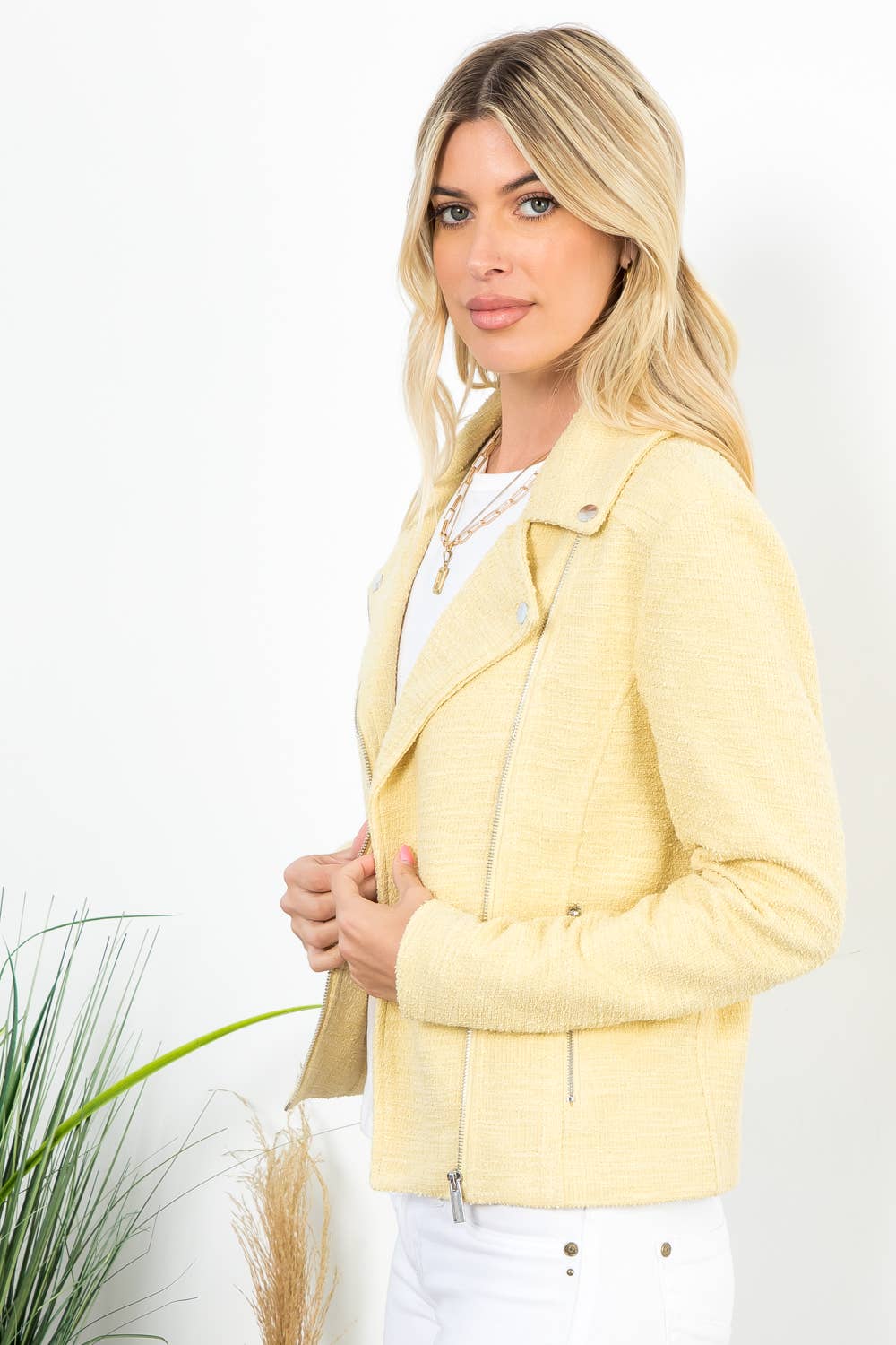 Solid Boucle Long Sleeve Moto Jacket