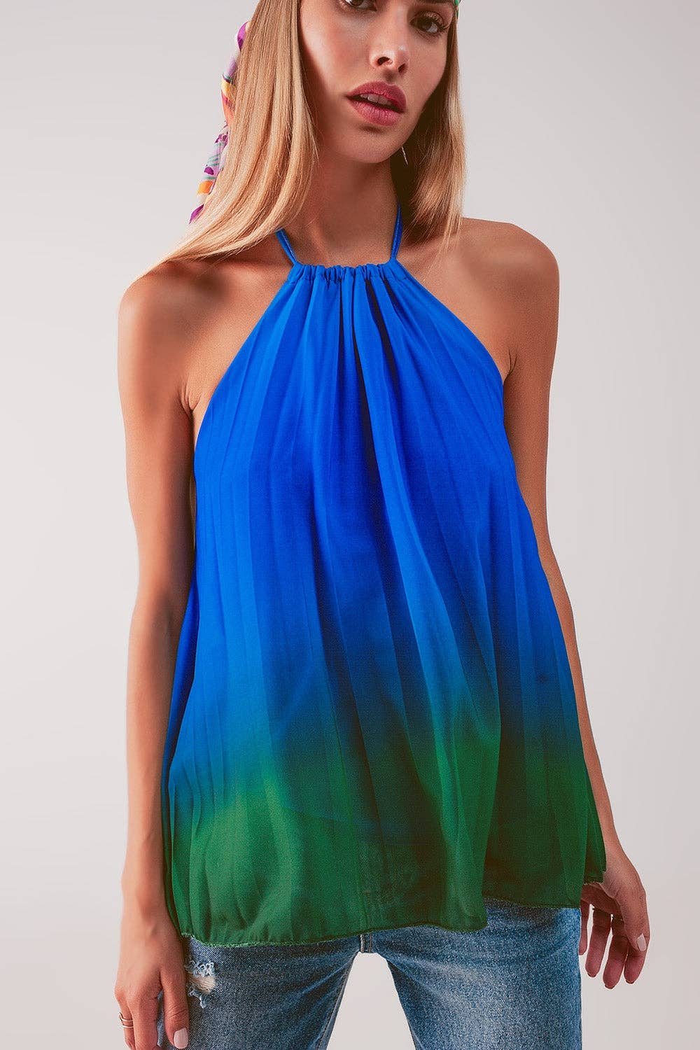 Q2 High neck pleat top in blue ombre