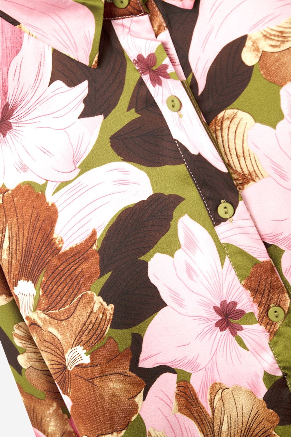 Q2 Satin Finish Tropical Floral Shirt in Olive Green