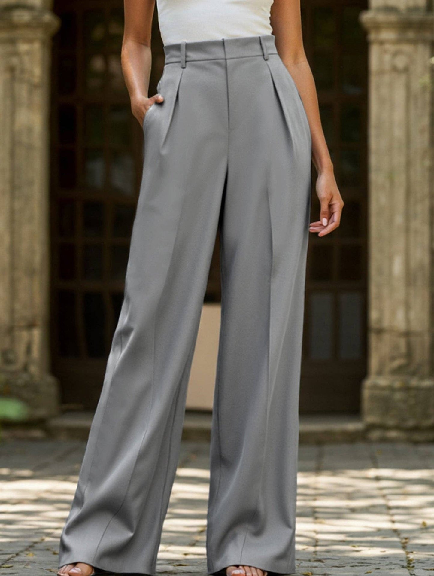 Lovene Casual loose high waist drape wide leg pants