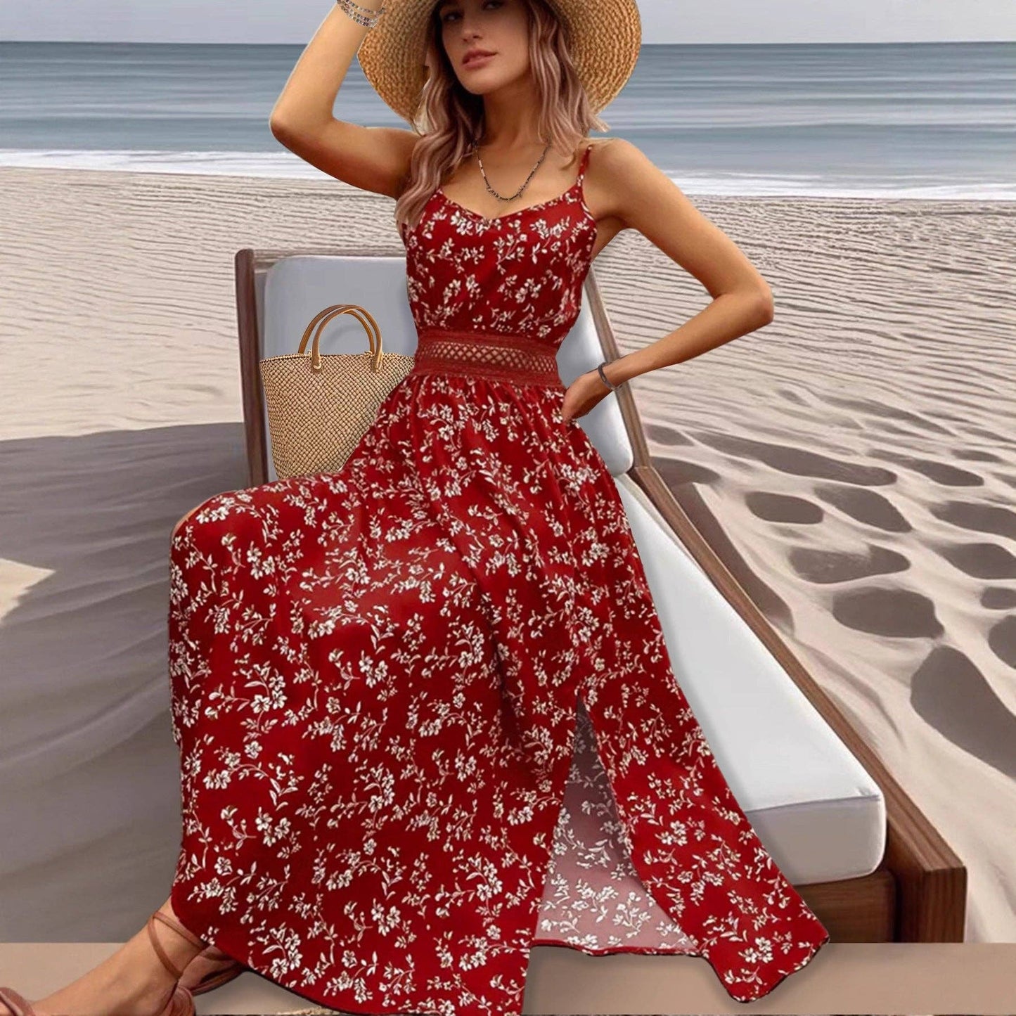 Lovesoft Women’s Floral Cami Maxi Dress Lace Waist Slit