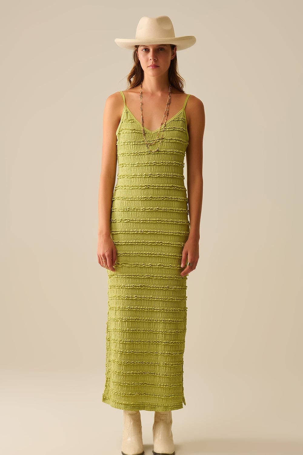 Q2 Ruffle Maxi Dress With Slit in Green color