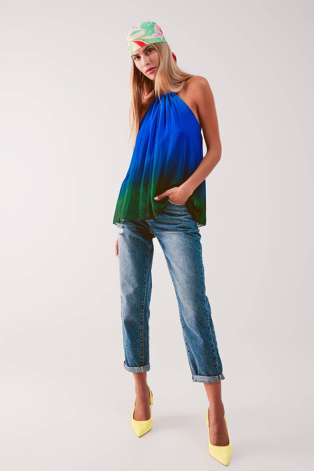 Q2 High neck pleat top in blue ombre