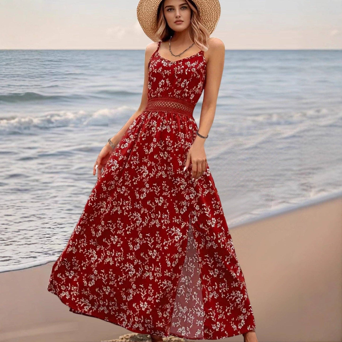 Lovesoft Women’s Floral Cami Maxi Dress Lace Waist Slit