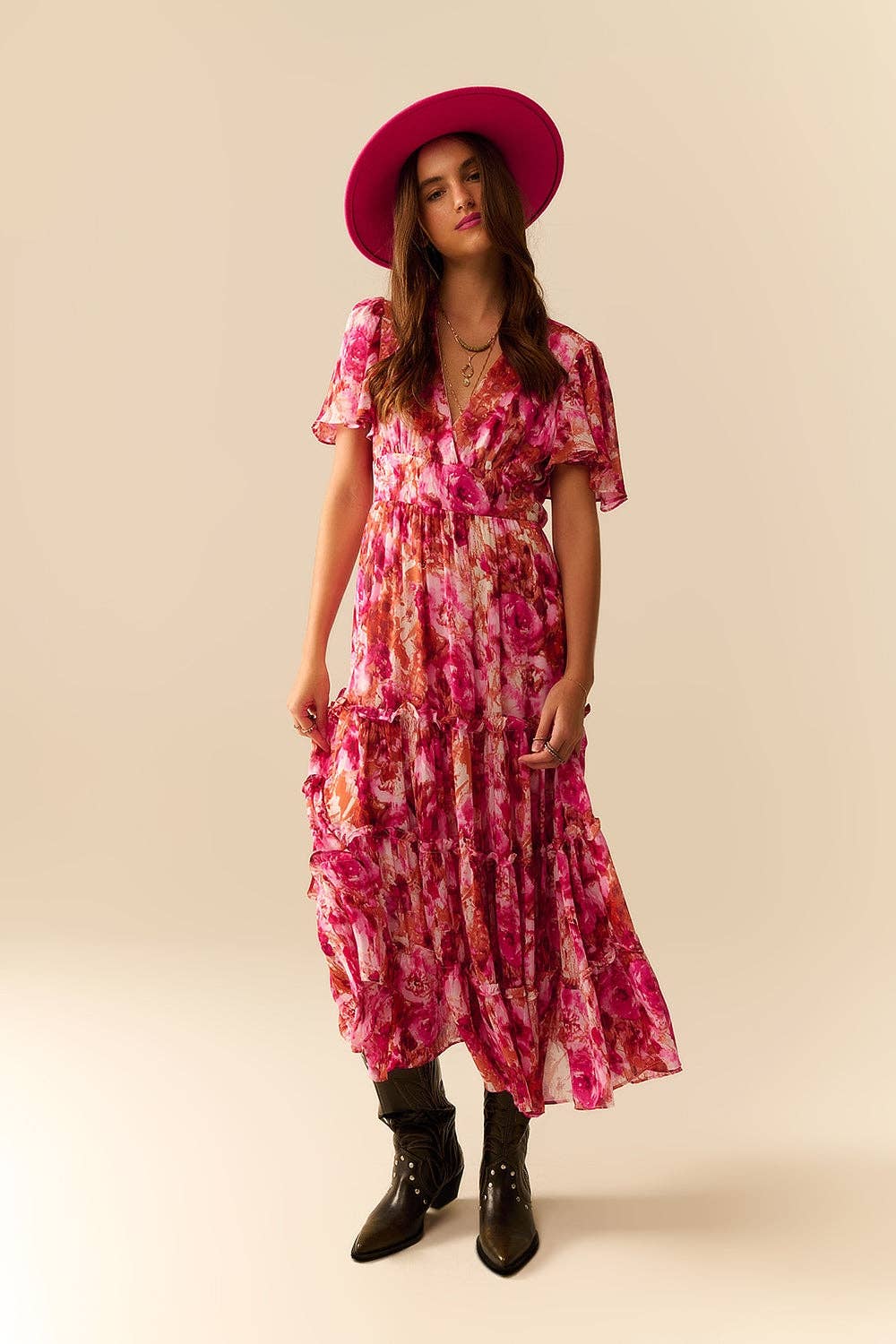 q2 Maxi Tiered Romantic Dress With chiffon Floral Print In Pink