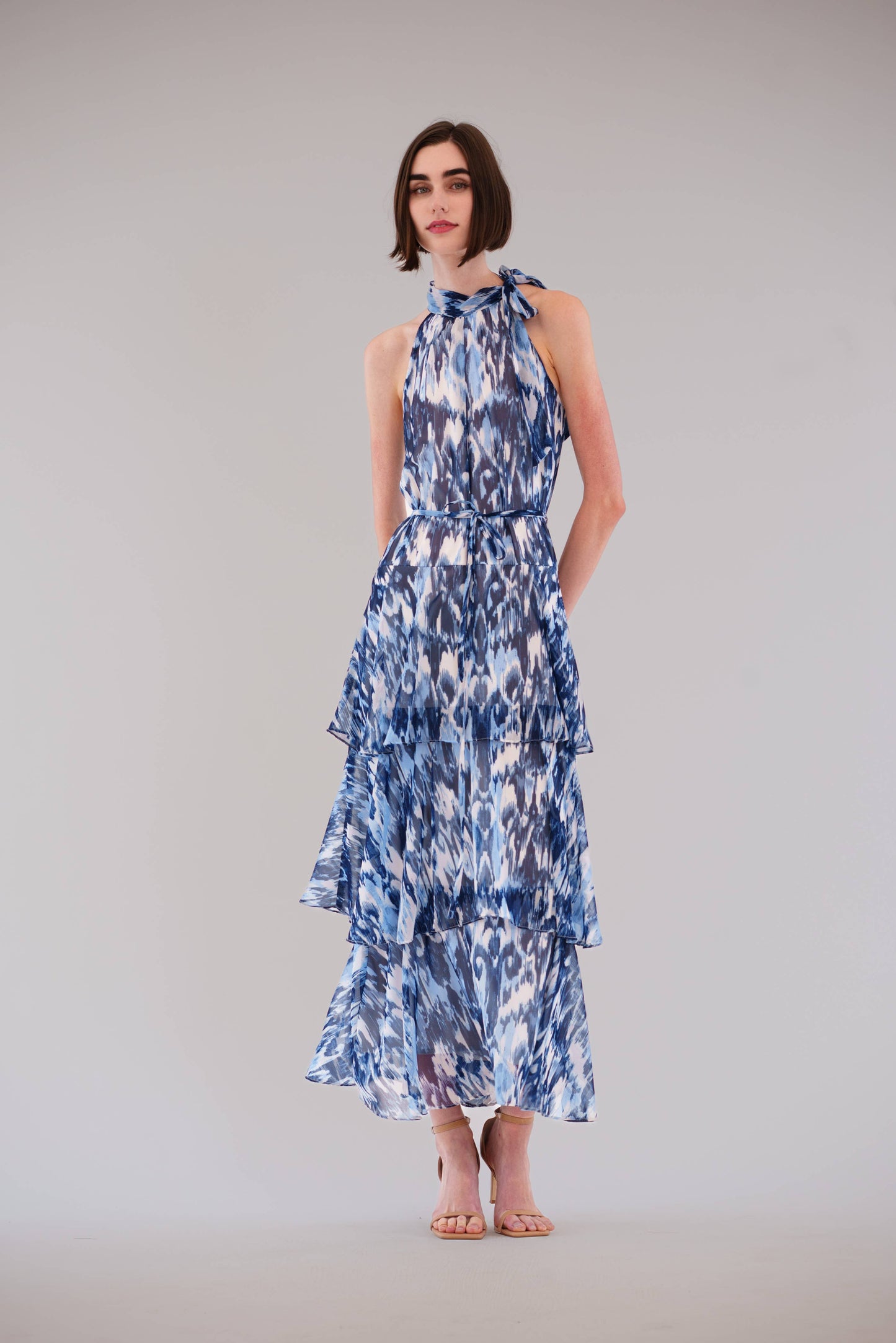 Julia Jordan LONG TRIPLE TIER DRESS WITH TIE NECK