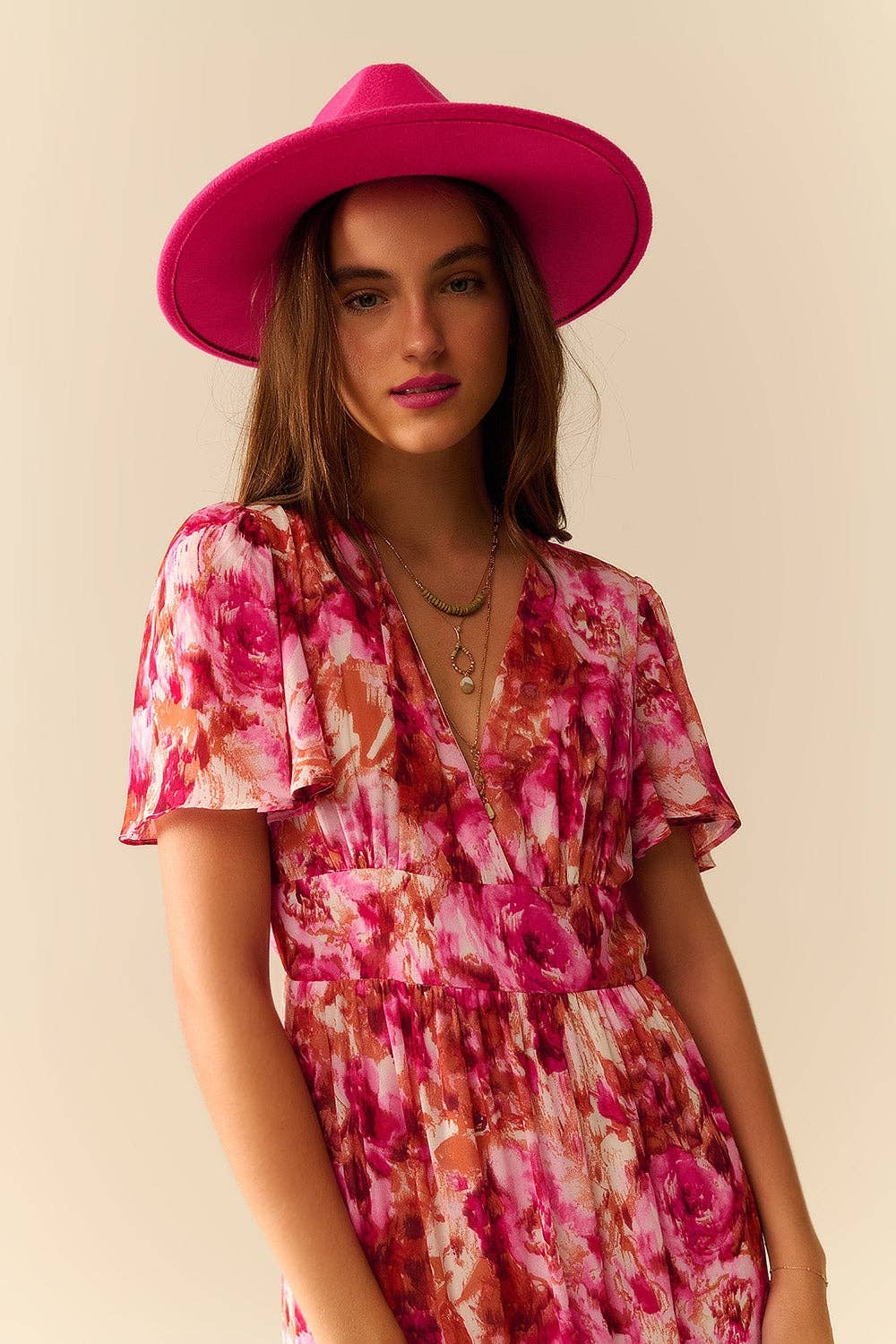 q2 Maxi Tiered Romantic Dress With chiffon Floral Print In Pink