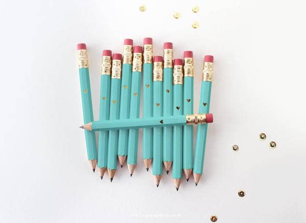 Mini Pencils - Gold Heart/Teal