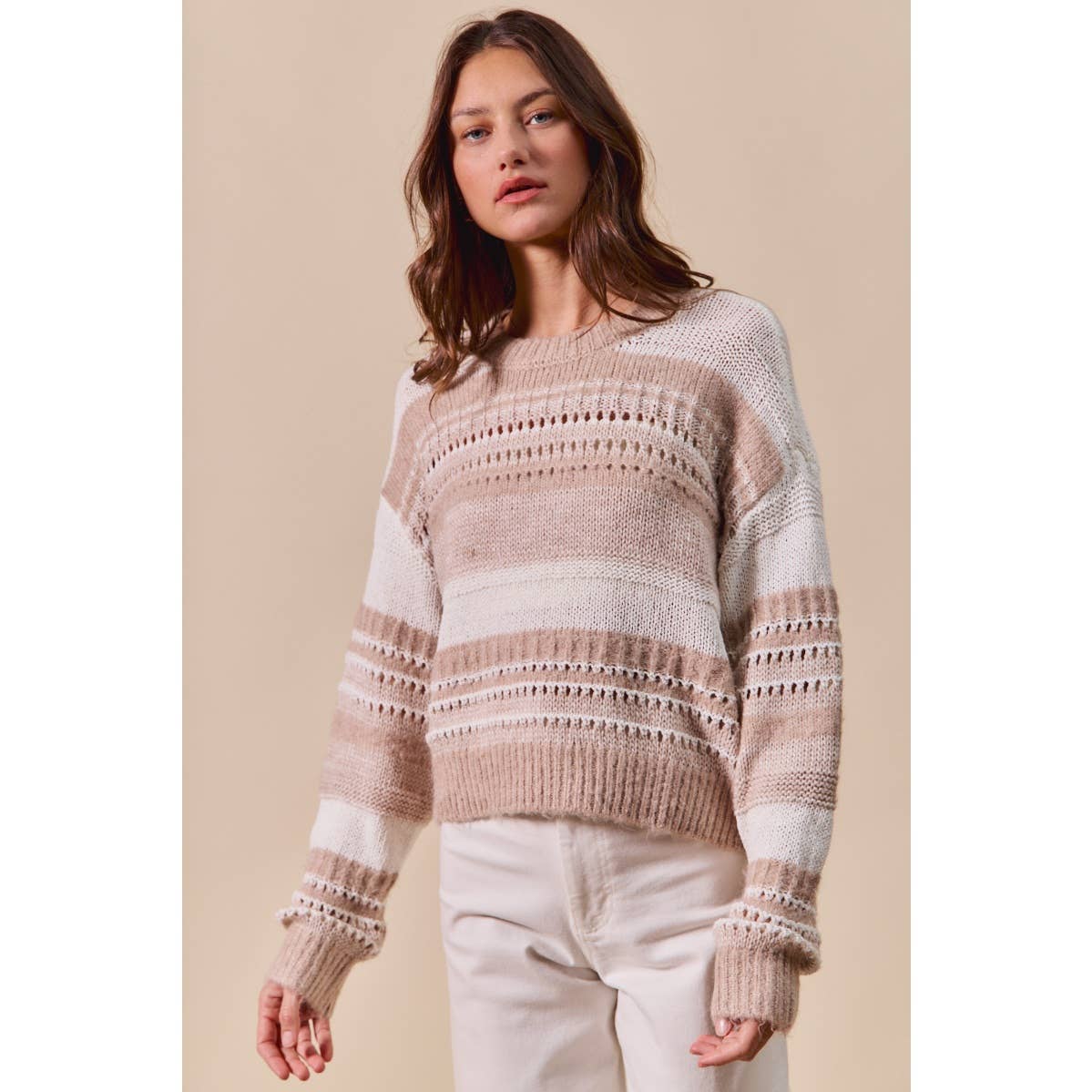 So Me VARIEGATED STRIPE TEXTURED LOOSE FIT SWEATER TOP