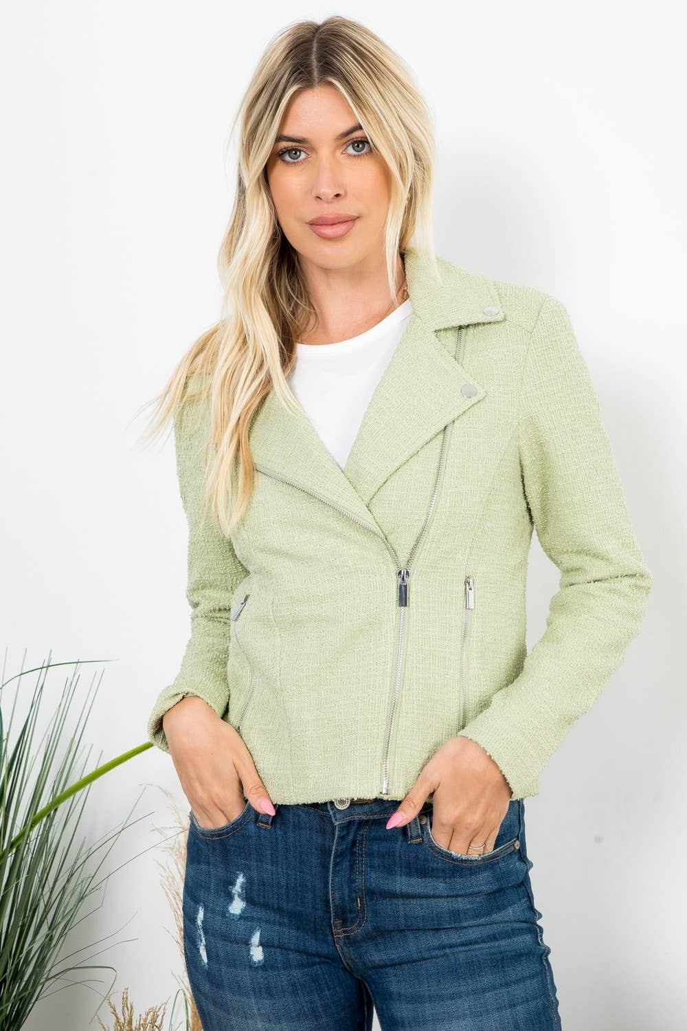 Solid Boucle Long Sleeve Moto Jacket