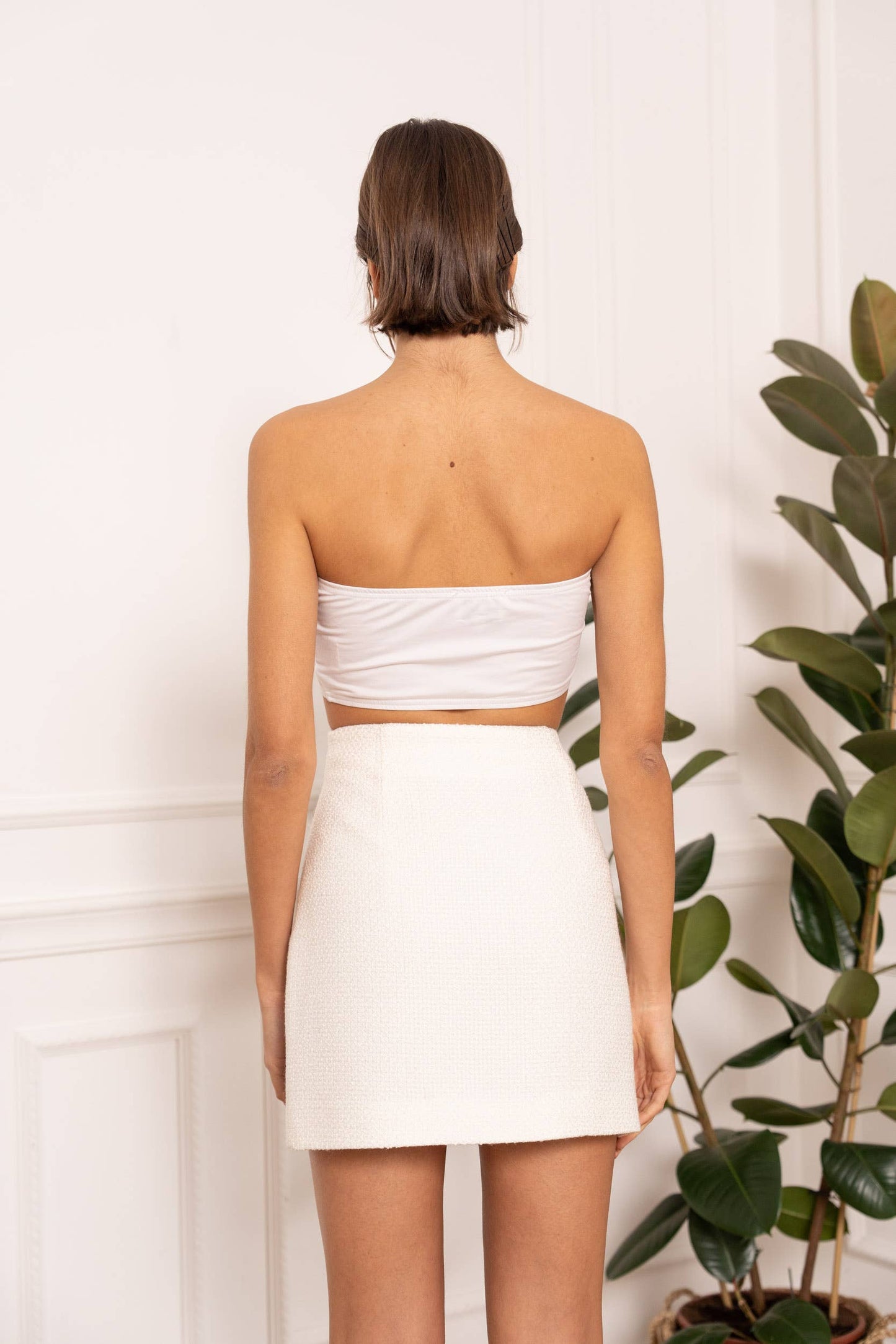 High-waisted plain tweed skirt