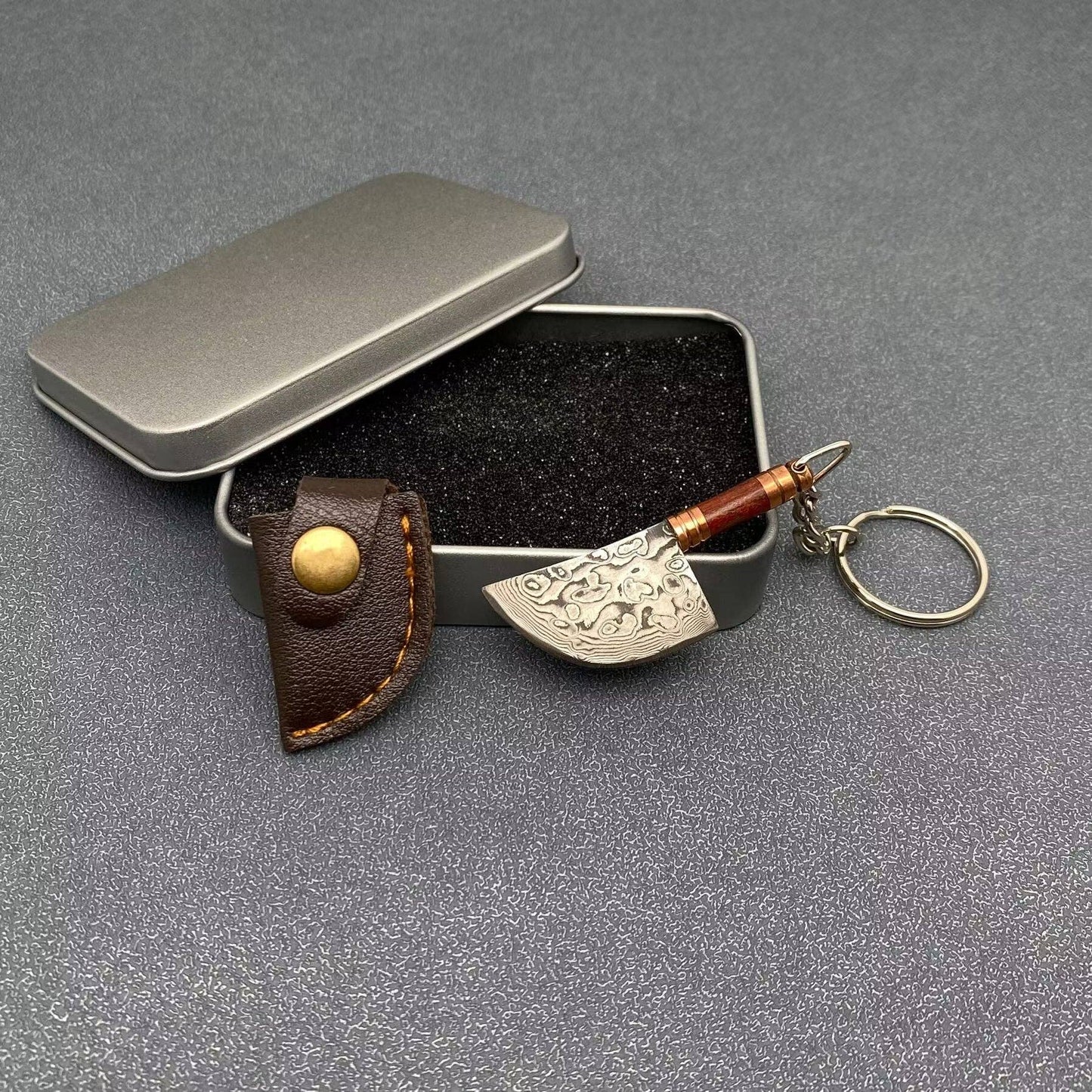 Damascus Blade Wooden Handle Portable Knife Keychain
