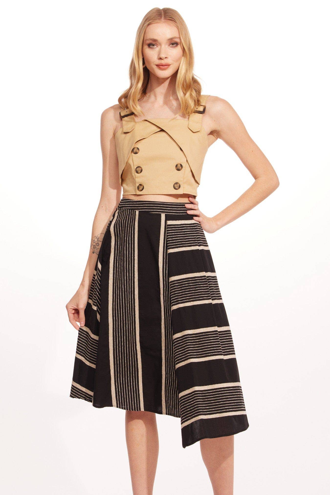 Eva Black and Taupe Stripe Midi Skirt