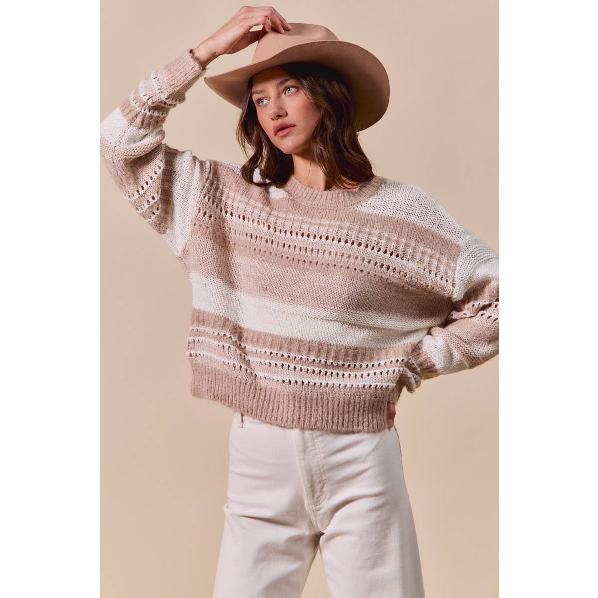 So Me VARIEGATED STRIPE TEXTURED LOOSE FIT SWEATER TOP