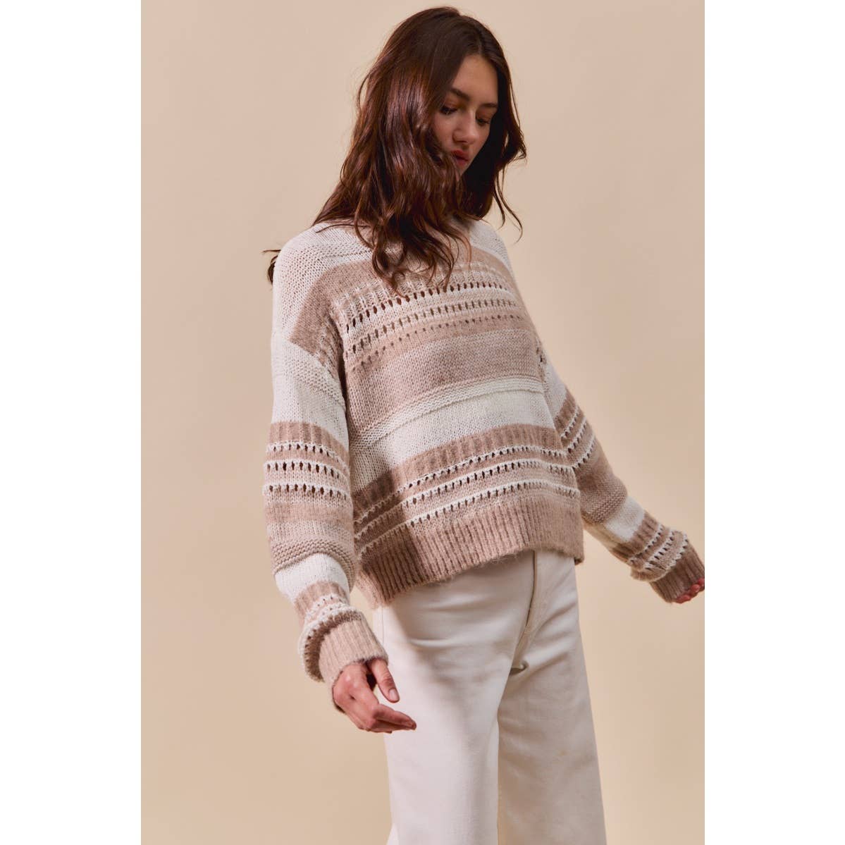 So Me VARIEGATED STRIPE TEXTURED LOOSE FIT SWEATER TOP