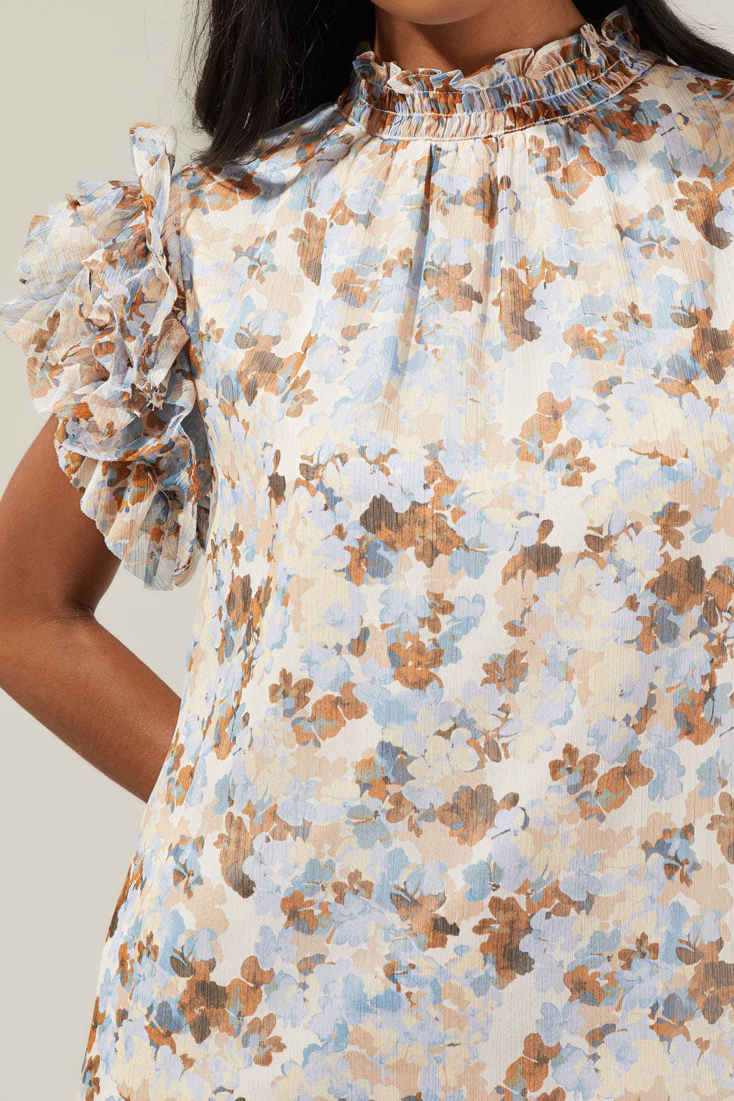 Sugar Luna Floral Brenna Mock Neck Ruffle Blouse