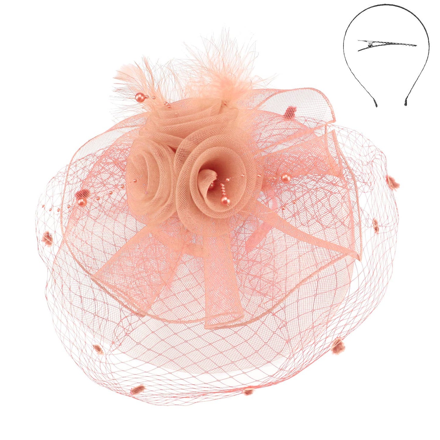 Sophia Double Rose Mesh w/ Dotted Veil & Feathers Fascinator