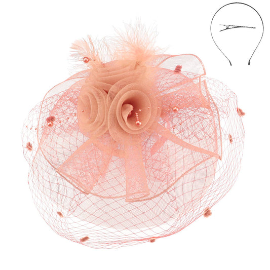 Sophia Double Rose Mesh w/ Dotted Veil & Feathers Fascinator