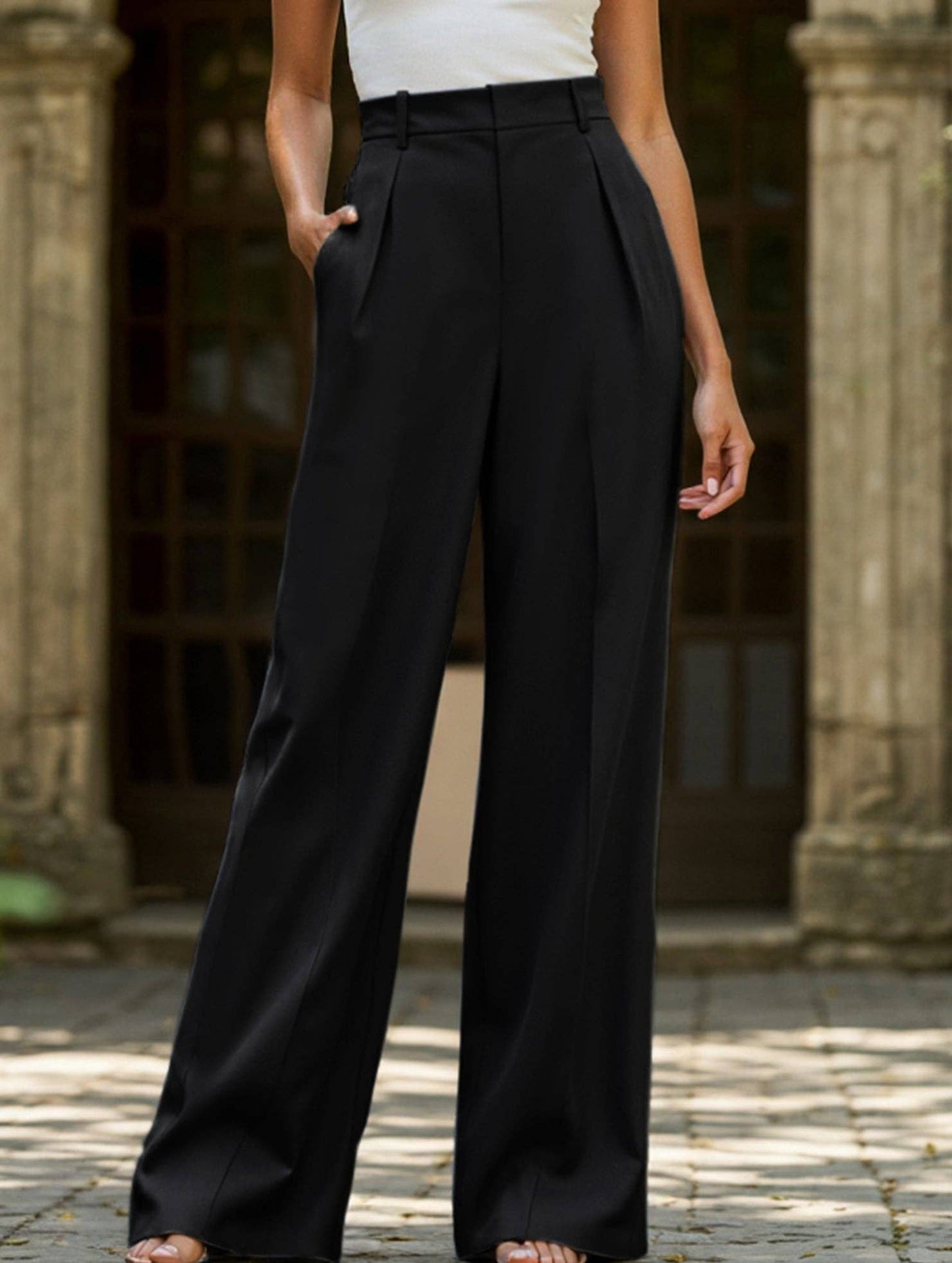 Lovene Casual loose high waist drape wide leg pants