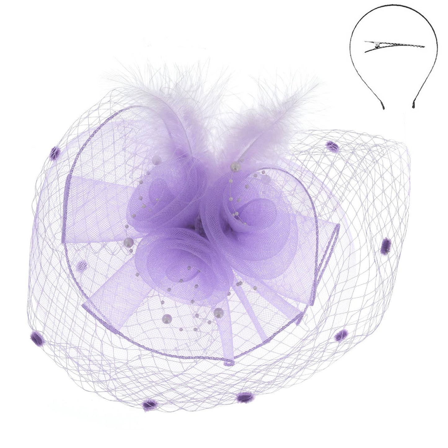 Sophia Double Rose Mesh w/ Dotted Veil & Feathers Fascinator