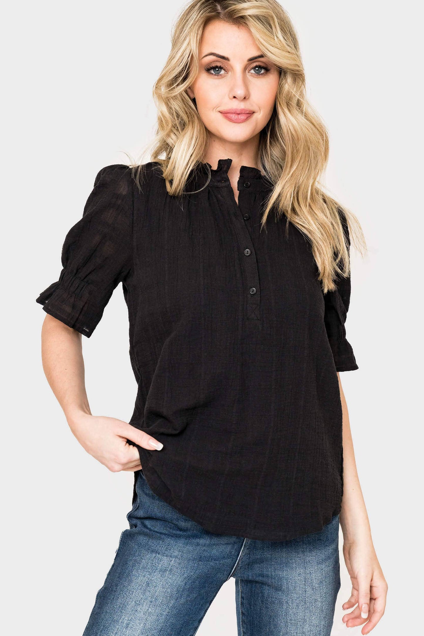 Frilly Henley Puff Sleeve Blouse