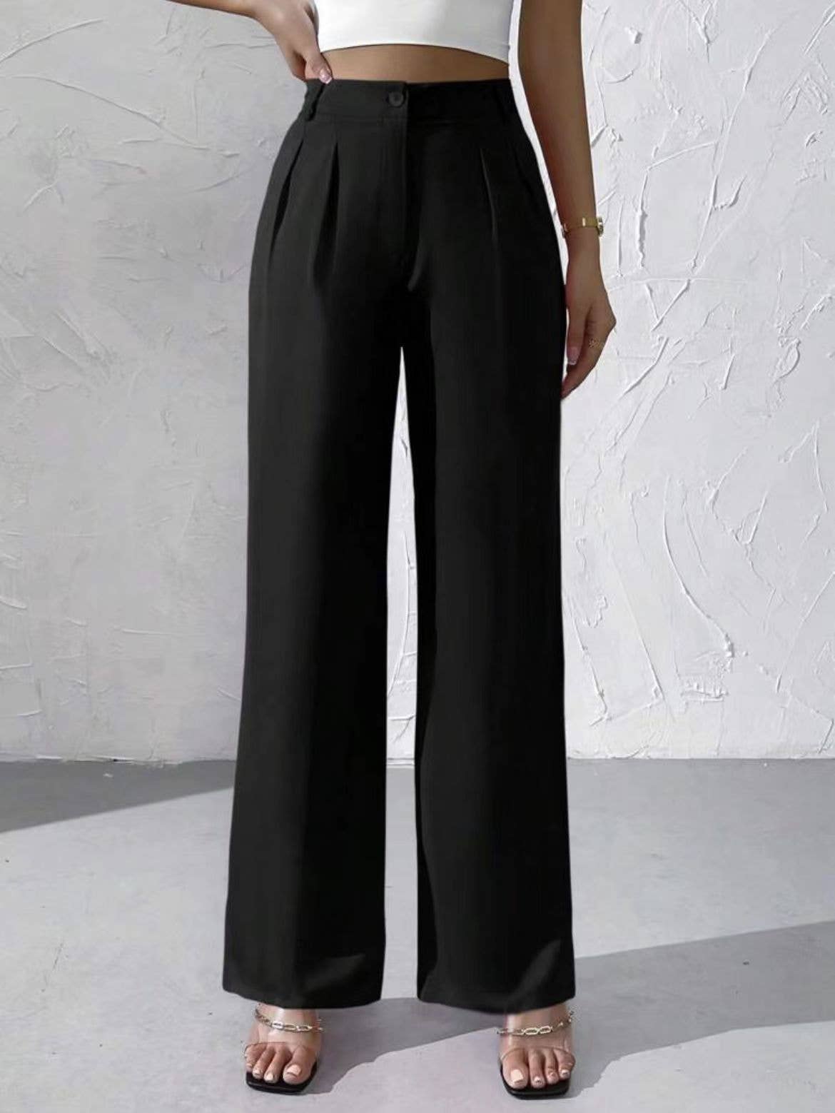 Doublju Elegant solid color dangling wide-leg suit pants