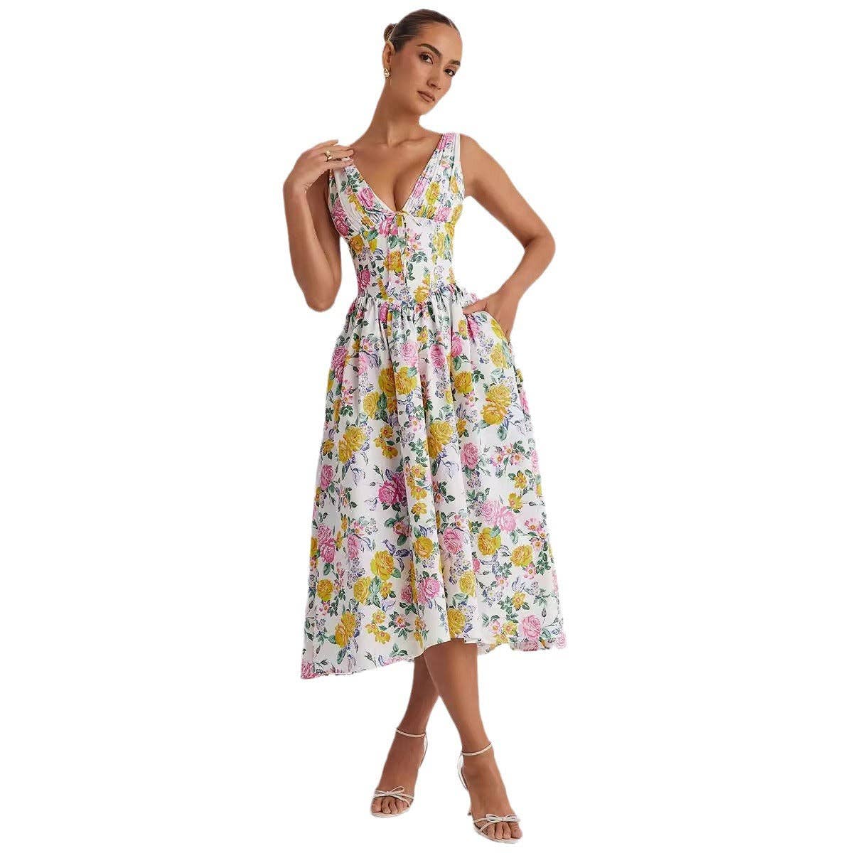 Floral V Neck Waist Cinch Sleeveless Midi Dress