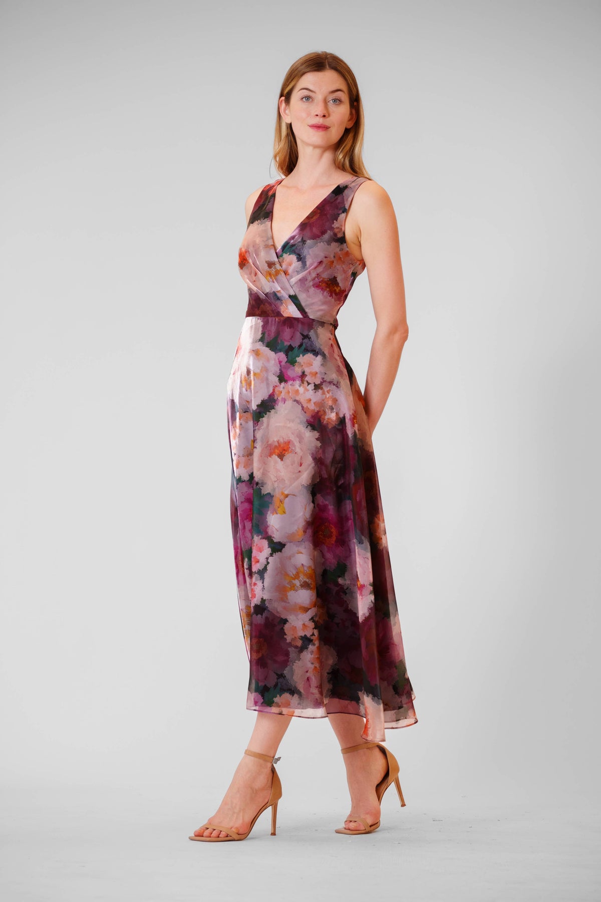 Julian Jordan V-NECK SLVLESS PRINTED ORGANZA MIDI GOWN