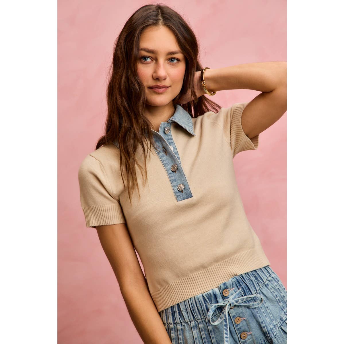 DENIM CONTRAST COLLARED SHORT SWEATER KNIT TOP